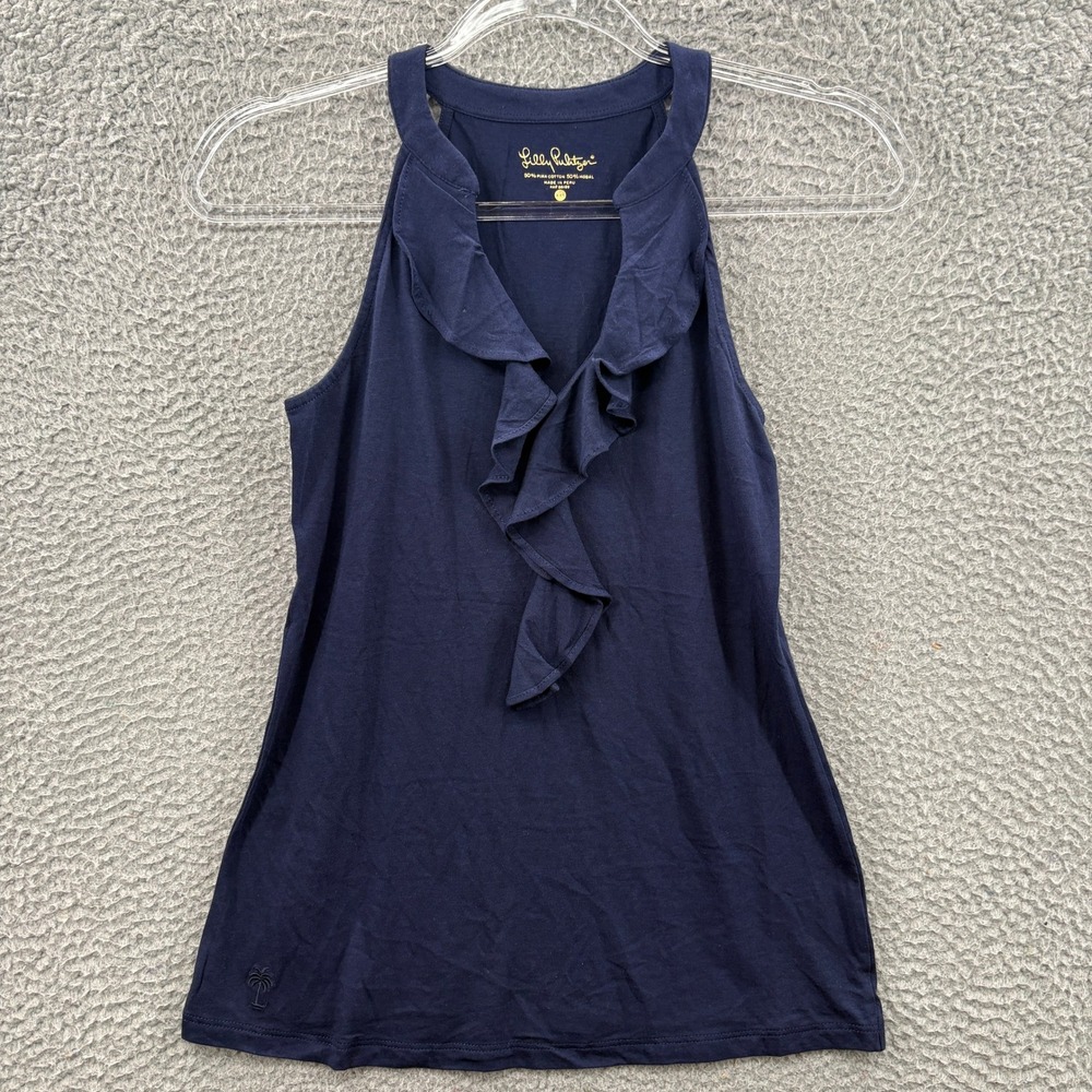 Lilly Pulitzer Tank Top Womens XXS Navy Ruffle V-Neck Sleeveless Pima Cotton